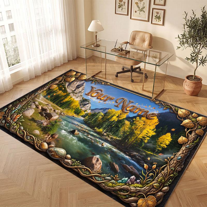 Mountain Landscape Theme Crystal Velvet Floor Rug Personalized Custom Name Text Warm Carpet Home Decoration