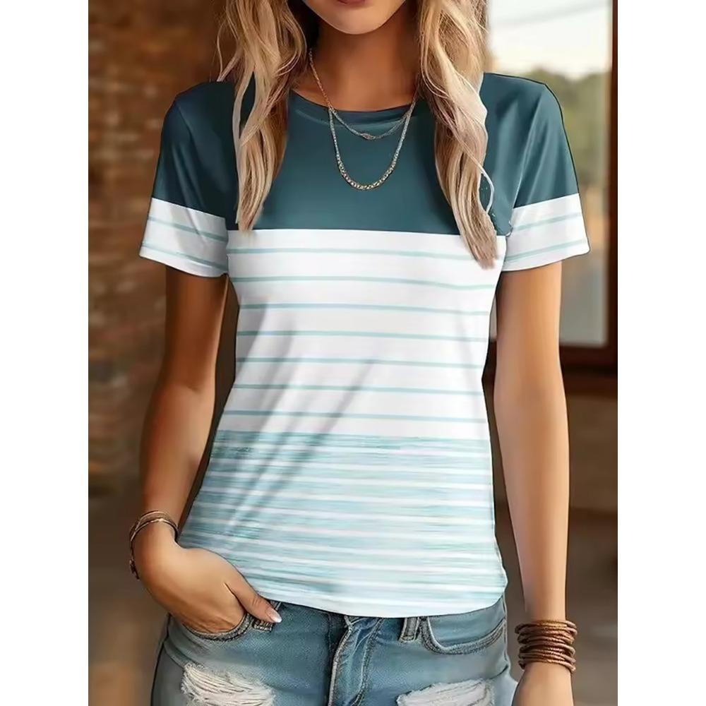 3D Printed Pattern T-shirt, Summer and Spring Short Sleeved Round Neck Casual Top, Women's Clothing