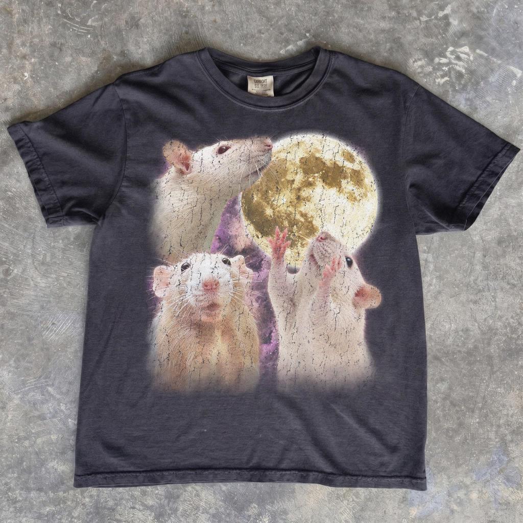 Three Rats Full Moon Shirt, Distressed Gothic Animal Tee