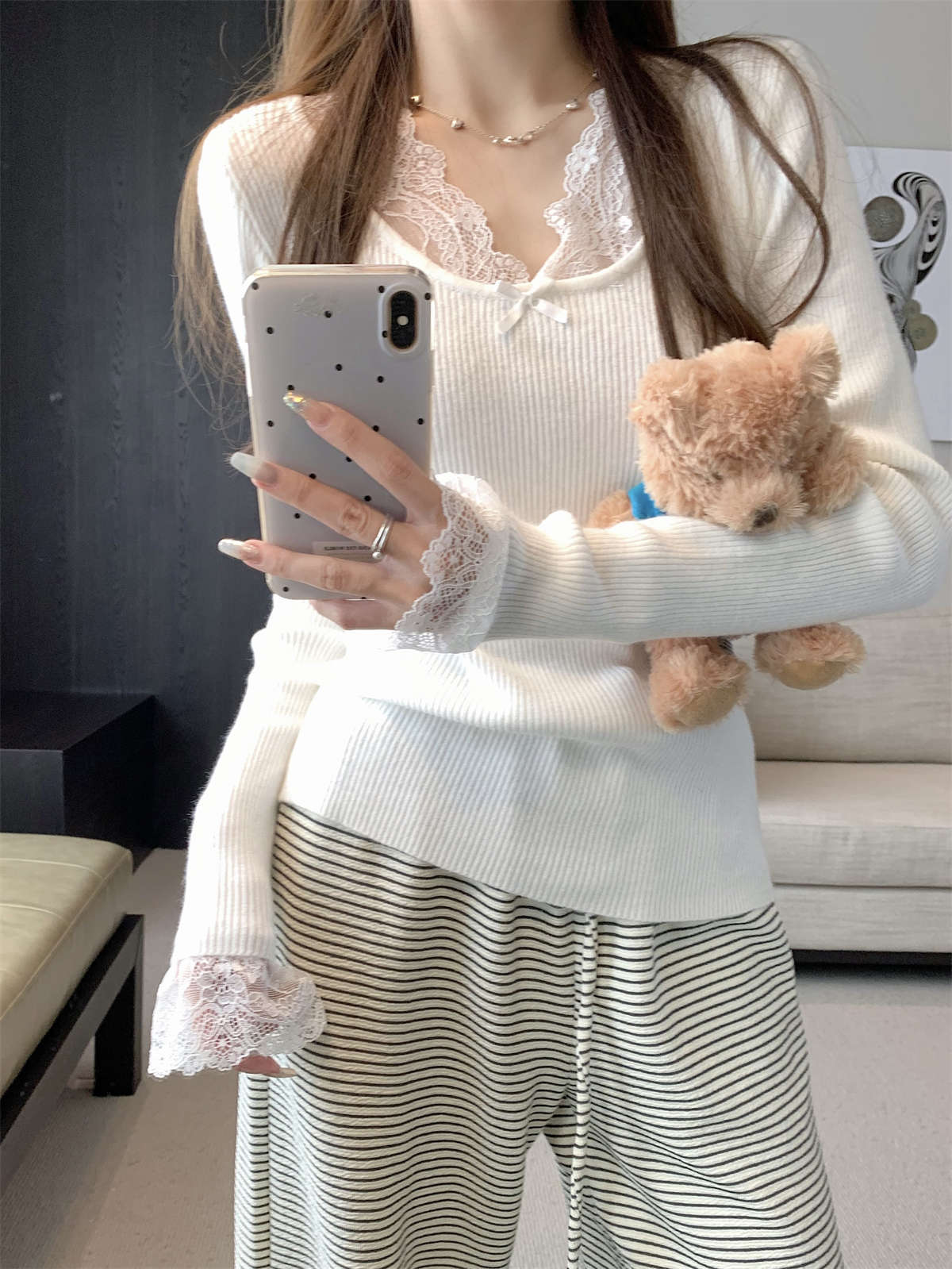 

Sexy Spice Girl Neck Lace Splicing Knitted Bottom Shirt Women s Spring Slim Skinny Pit Sweater with Top XL білий