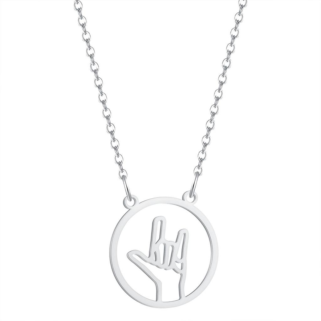Kinitial Stainless Steel Hand Gestures Necklace I Love You Palm Sign Language Necklace Simple American Rock Necklaces Jewelry