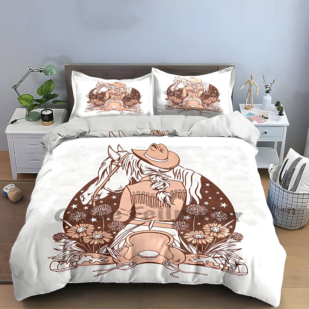 Cowgirl and Horse Floral Design Bedding Duvet Cover Set Duvet Cover Pillowcases (1*Duvet Cover 2*Pillowcases, Without Duvet Insert)