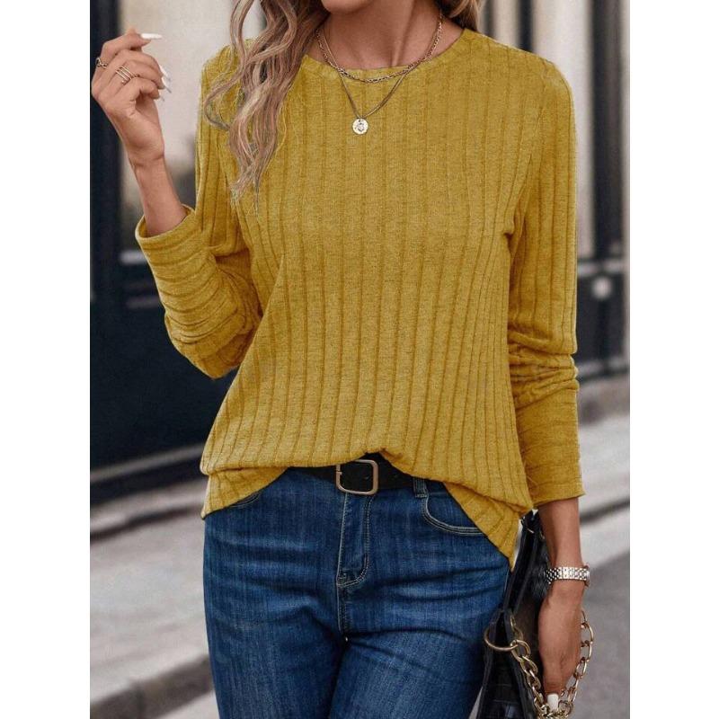 Solid Color Comfortable Round Neck Pit Stripe T-shirts for Spring and Autumn Casual Long Sleeves Women's T-shirts