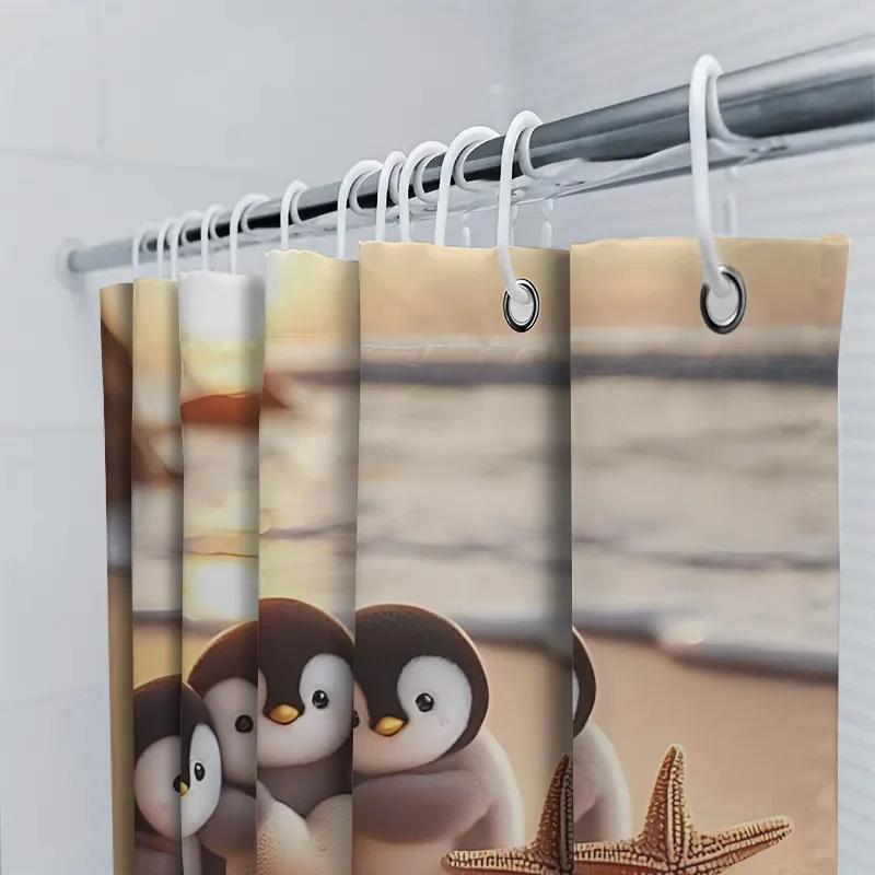 Cute Penguins with Heart and Starfish Waterproof Shower Curtain for Bathroom Decor  Extra Hooks Included Anti-Mildew Ocean Theme