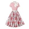 Women's Bow Tie Collar Short Sleeve Midi Dress A Line Mid Waist Floral Print Swing Dress Vintage Hepburn Party Dress With Belt