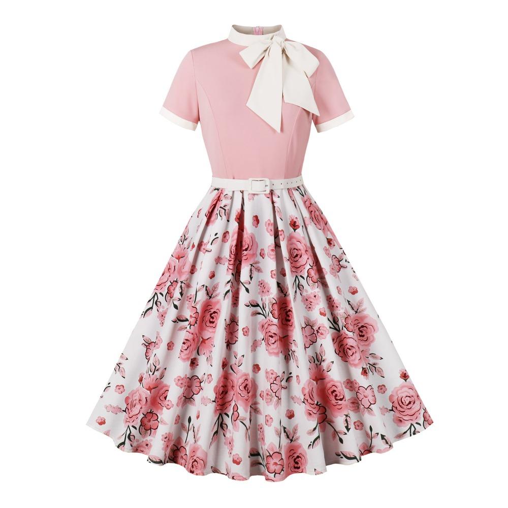 Women's Bow Tie Collar Short Sleeve Midi Dress A Line Mid Waist Floral Print Swing Dress Vintage Hepburn Party Dress With Belt