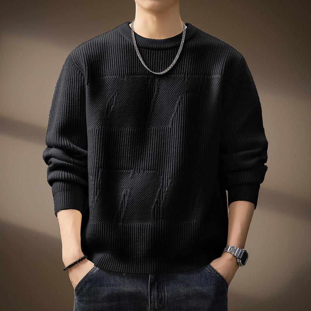 Men's Plus Size Retro Textured Sweater - Thickened Round Neck Pullover for Autumn/Winter
