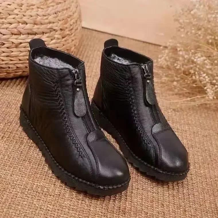 

Warm Women s Boots Winter Women Leather Shoes Zipper Ankle Woman Boots Round Toe Flats Plush Snow Ankle Boots Bottine Femme 42 чёрный