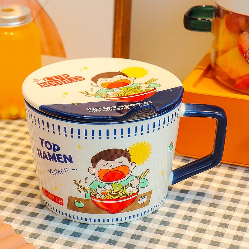 Kreskówkowy Miska do Instant Noodle Ramen z Pokrywką 950ml Miska na Sałatkę Ceramiczny Kubek z Uchem na Zupę Student Biuro Lunchbox Chłopiec Dziewczynka Cozinha