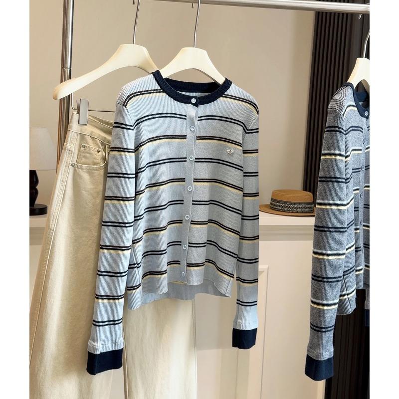 

Korean Six-wool Striped Knitted Cardigan Jacket for Women in Spring and Autumn New Style High-end Loose Outer Sweater Onesize синий