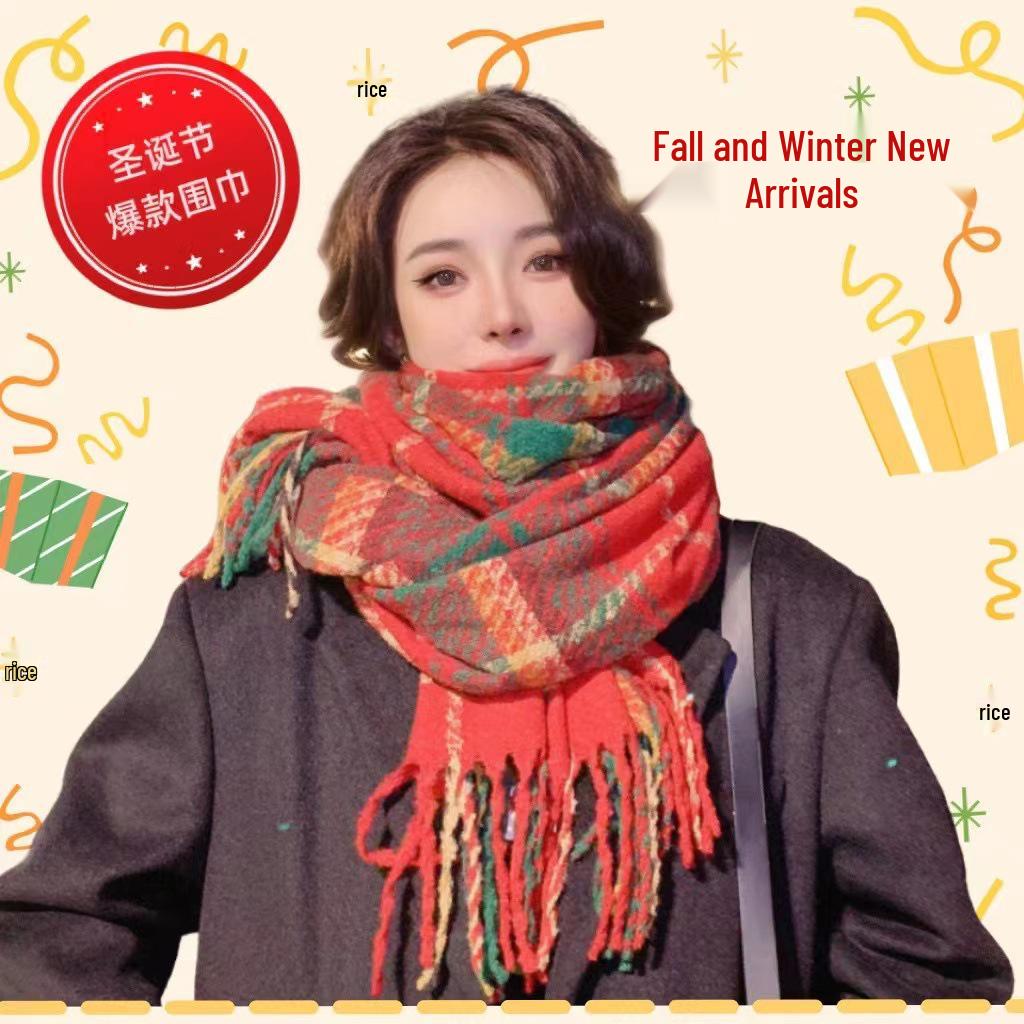 Écharpe à Carreaux Rouges Style Coréen - Snood d'Hiver Festif, Chaud et Polyvalent pour Femmes