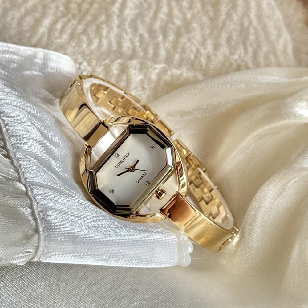 Minimalist Octagonal Rhinestone Dial Ladies Quartz Watch Thin Metal Bangle Elegant Daily Wrist Watch