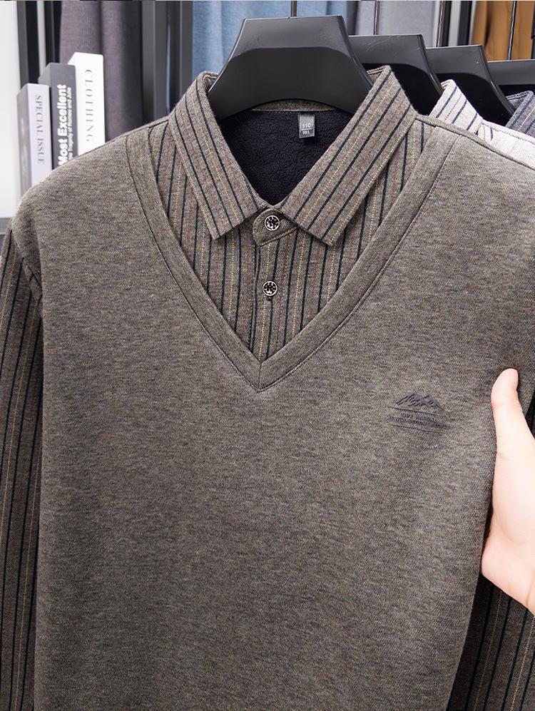 Men's Winter Striped Knitted Sweater - Faux Two-Piece with Turn-Down Collar, Fleece Lined