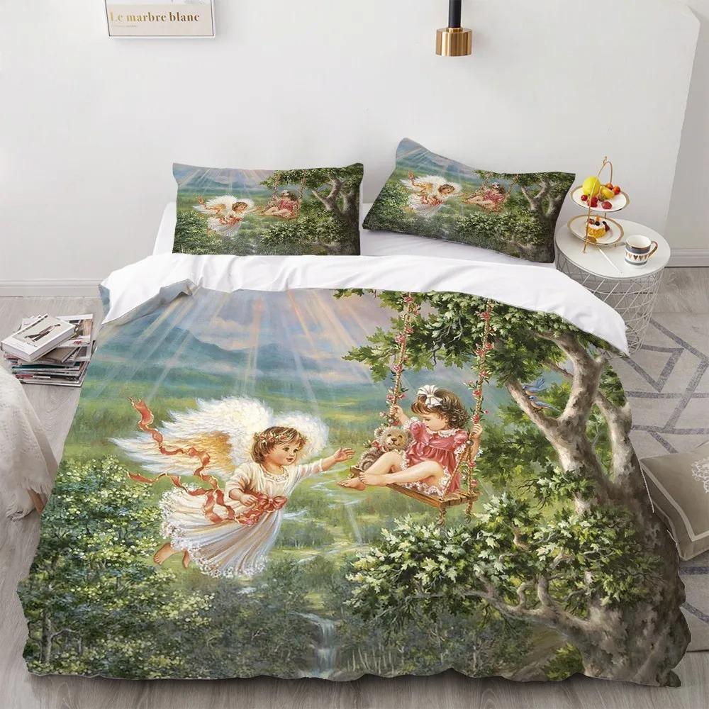 

Angel Oil Painting Bedding Set Ancient Art Duvet Cover Cartoon Warm Bed Quilt Cover Kids Bedroom Bed Cover Set Green EU Single 135x200cm