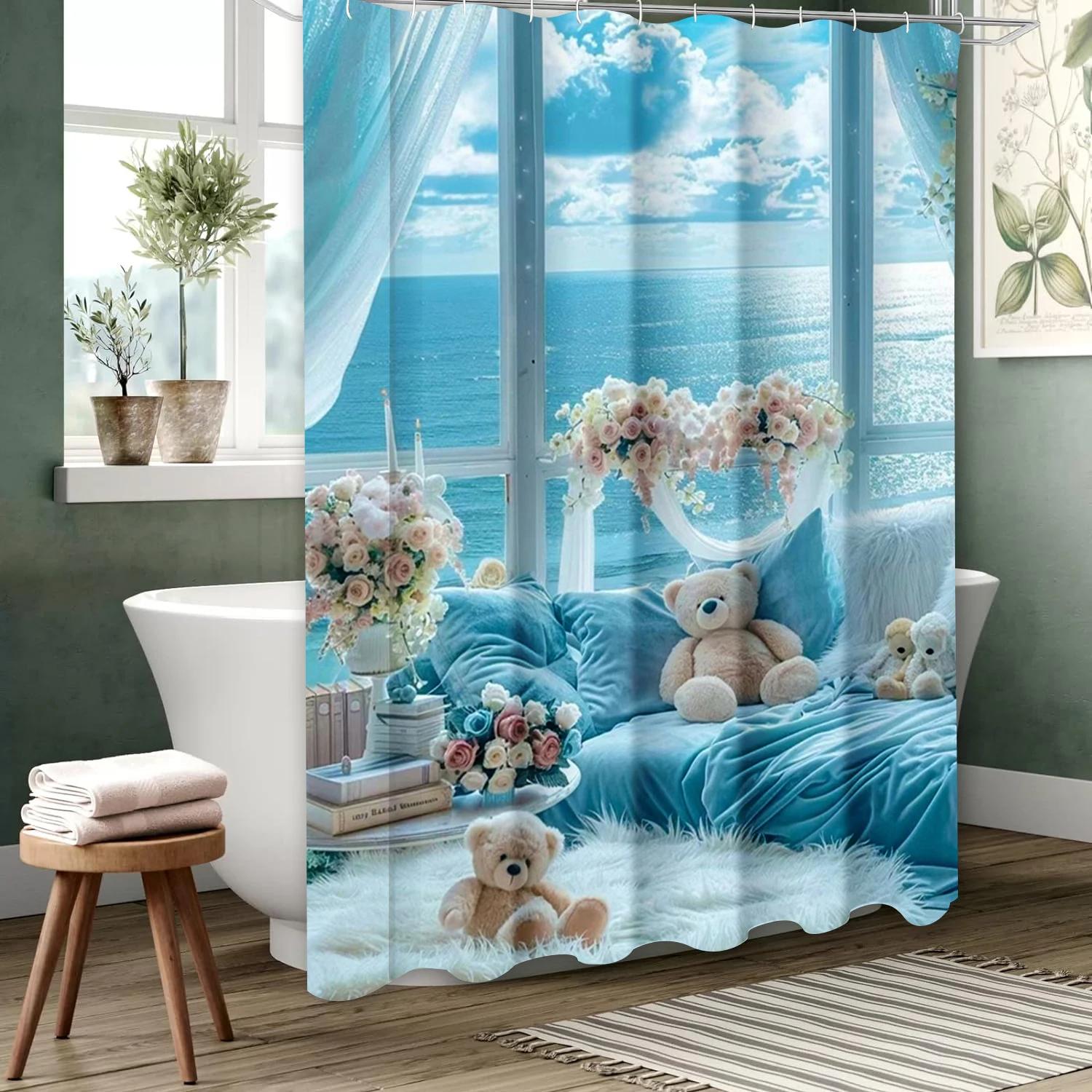 Tonnika Chen Sea View Wallpape Bathing Curtain Bathroom Shower Curtain Waterproof With 12 Hooks Home Deco