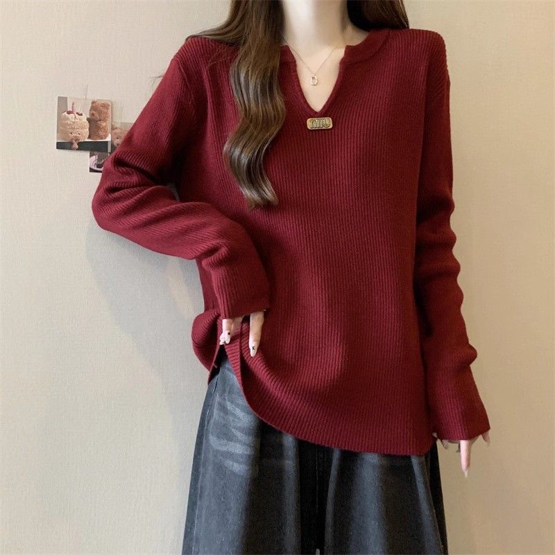 

Свитер для женщин Осень Зима Утепленный Теплый Вязаный Эластичный С длинным рукавом V-образный вырез Топы XXXL красный