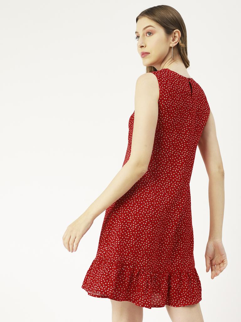 Moomaya Women  S Printed Short Dress, Sleeveless Frilled Hem Round Neck Mini
