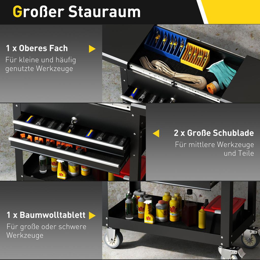 Rolling Tool Cabinet, Tool Chest with Drawers, Work Surface, Lockable, with Handle, Steel, Black
