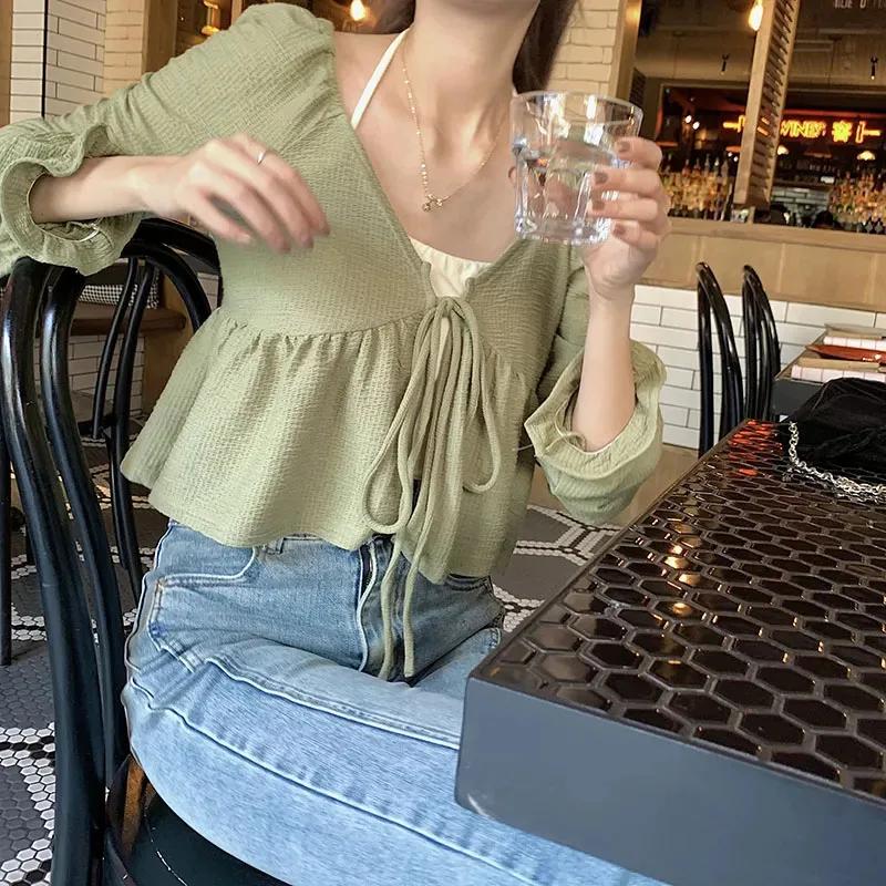 Pure Desire Short Hanging Neck Tank Top Long Sleeve Lace-up Cardigan 2Pcs Set Women Green T-shirt Slim Small Size Korean Fashion
