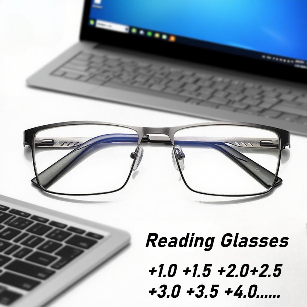 Unisex Fashion Square Metal Large Half Frame Reading Glasses Stylish Blue Light Blocking Eye Protection Presbyopia Glasses