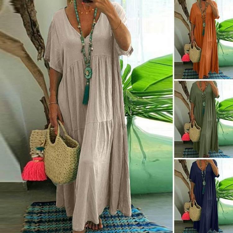 Abito Lungo Estivo Elegante Vintage da Donna Casual con Scollo a V e Volant Nuovo Moda Misto Cotone Taglia Grande Design Irregolare