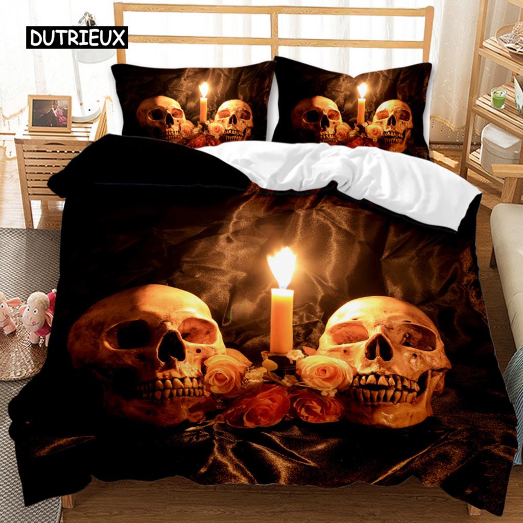 Skull Duvet Cover Set Queen 3D Skeleton Floral Skull Pattern Printed Bedding Qulit Cover Gothic Microfiber Bedding Queen Size