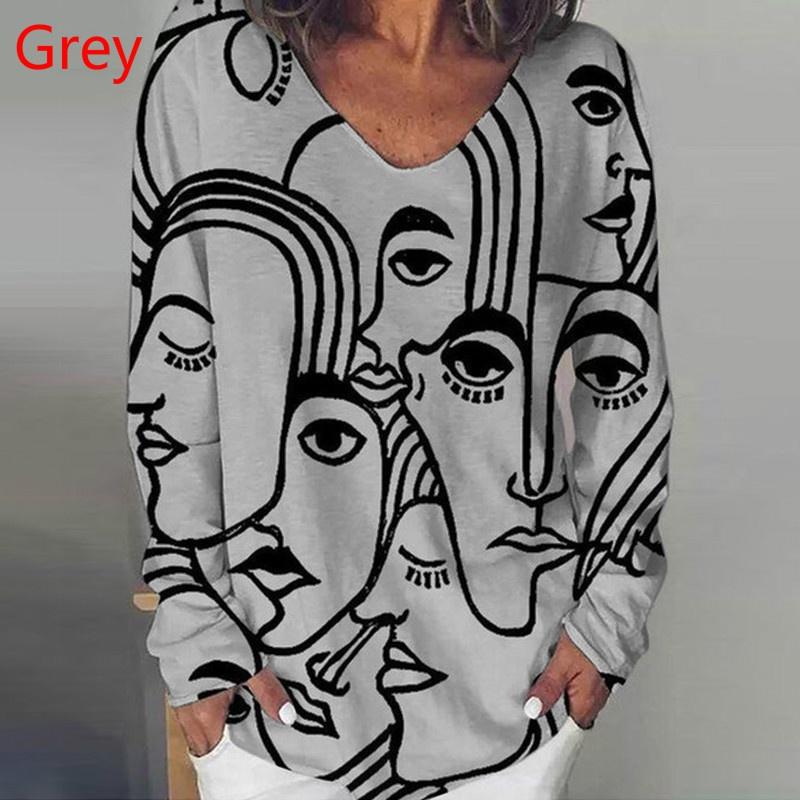 New Women's Fashion Trend Clothing Loose Casual Long Sleeve Character Printed V Neck Shirt & Blouses Plus Size Tops