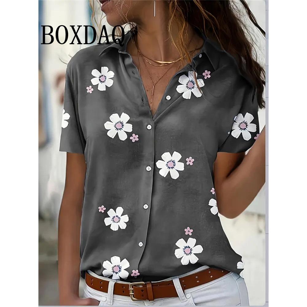 Summer Chic Women's Lapel Short-Sleeved Loose Shirts Spring Single-Breasted Tops Casual Flower Printed Blouses Women's Clothing