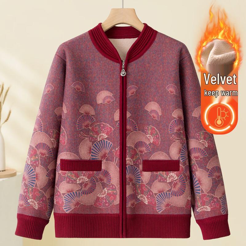 Elderly Women s Warm Fleece-Lined Cardigan Jacket 3XL