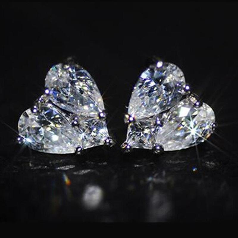 Two Pear Cut Stones Combined Heart Shaped Stud Earrings Prong Set Sparkling Small Ear Studs for Women Daily Romantic Jewelry