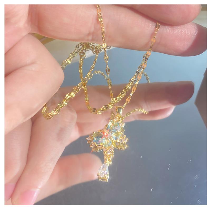 Women S Butterfly Tassel Titanium Steel Necklace Zircon Inlaid Clavicle Chain