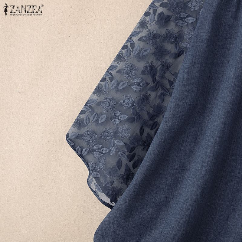 ZANZEA Kvinner Casual Mesh Spleis 3/4 Erme Løs O-hals Bluse