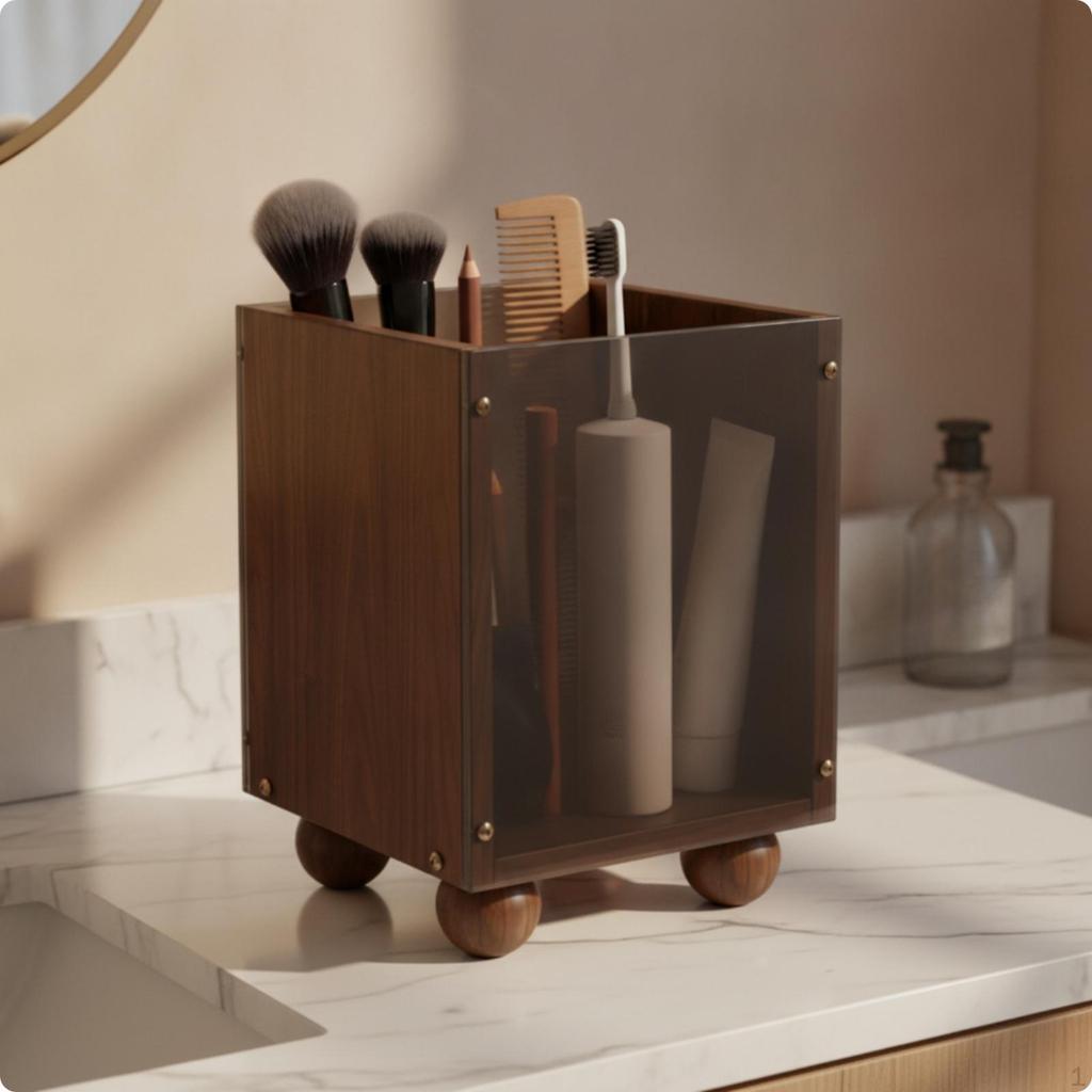 Vanity Organizer with Transparent Wooden BodyGrain Makeup Brush Holder OpenTop Cosmetic