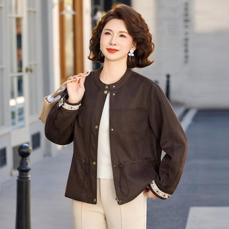 

Korean Retro Stand Collar Coffee Jacket for Middle-Aged Women - Trendy, Loose, Age-Reducing M темный кофе