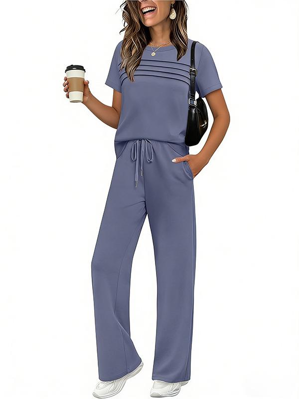 2026 Spring/Summer Women s Casual Set: Short Sleeve Top  Wide Leg Long Pants 4XL темно-синий