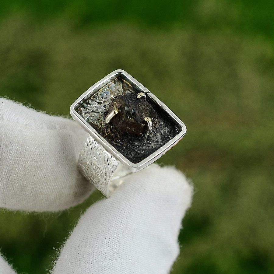 Natural Moldavite Quartz Rough Gemstone Solitaire Adjustable Ring 925 Silver Adjustable