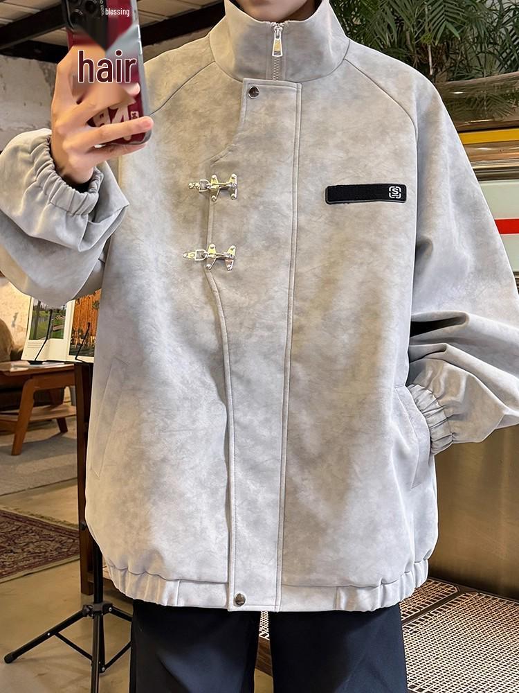 Men's Stand Collar PU Leather Jacket with Metal Buckle - Retro Tie-Dye Style for Spring & Autumn