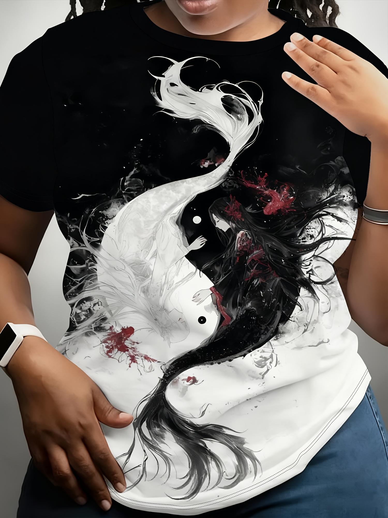 

European And American Elegant Directional Women S Digital Print Short Sleeves. Artistic Style ;Yin Yang Xuan Fox And Crimson Tattoo ; Theme Printed Sh 3XL дубильна кора