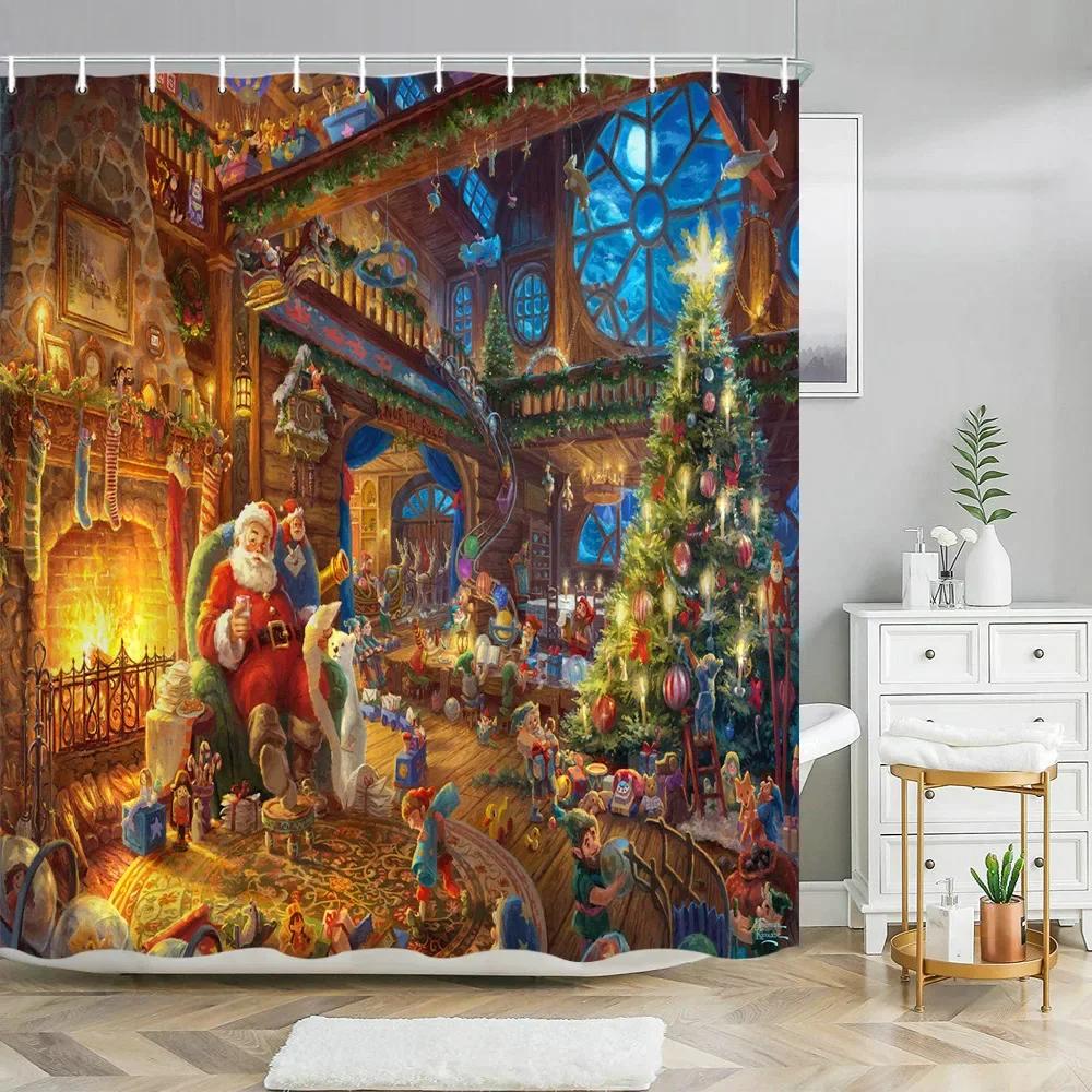 Xmas Decorative Shower Curtains Fireplace Christmas Tree Winter New Year Gift Bathroom Decor Fabric Bath Curtian Hanging
