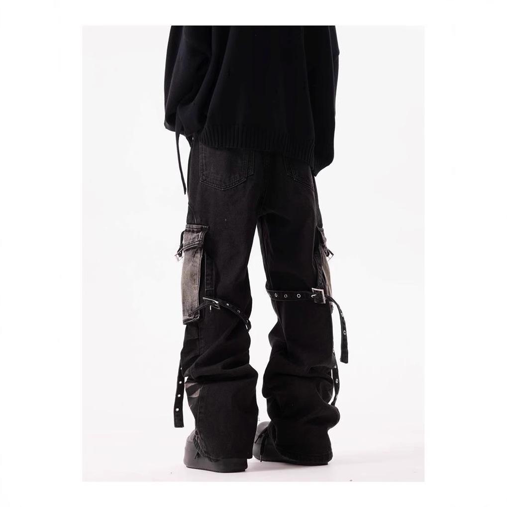 American retro corrugated multi-pocket strap jeans niche design heavy industry loose straight tooling trousers