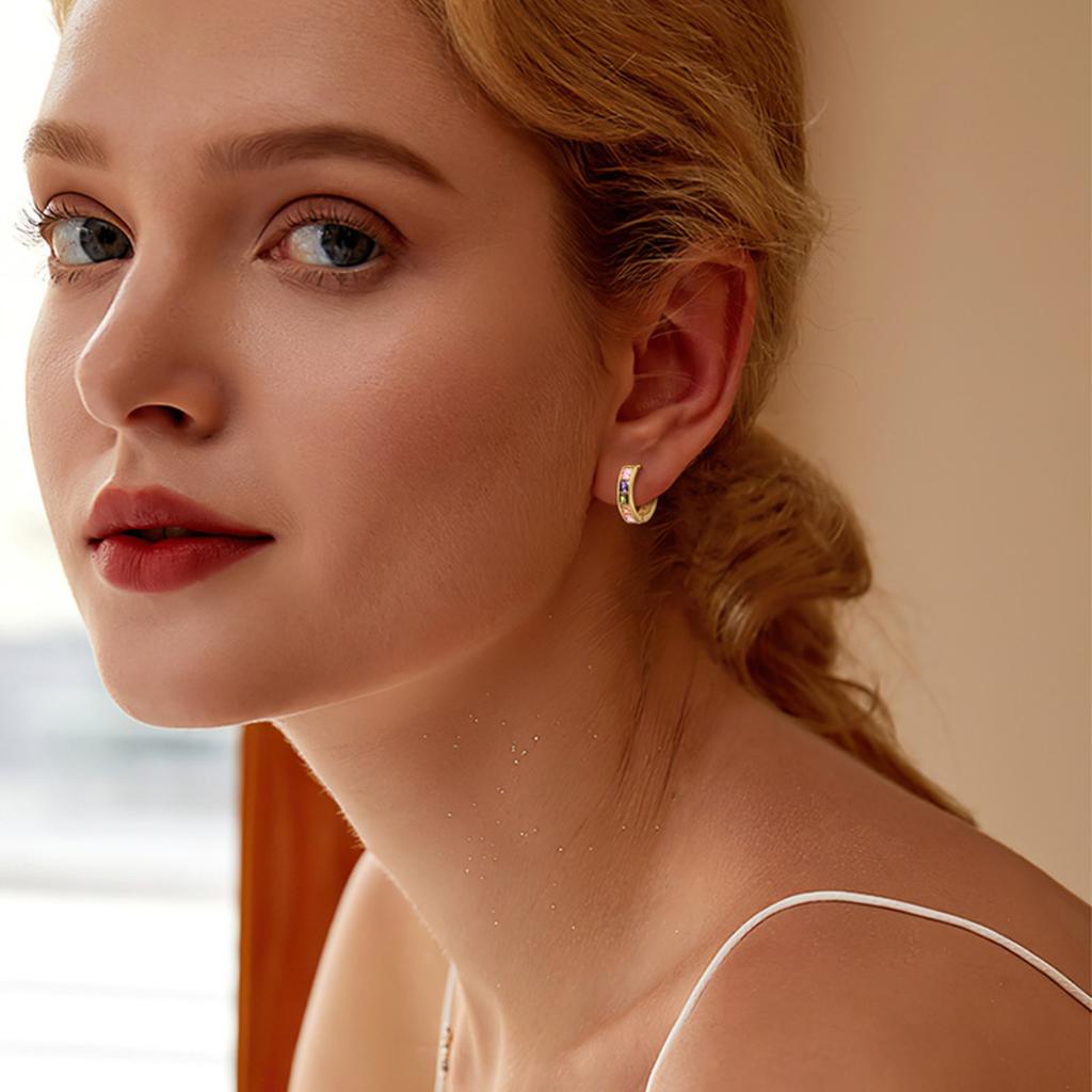 Gold Tone Multicolor Square Cut Huggie Hoop Earrings for Women Rainbow Colorful Elegant Daily Party Jewelry