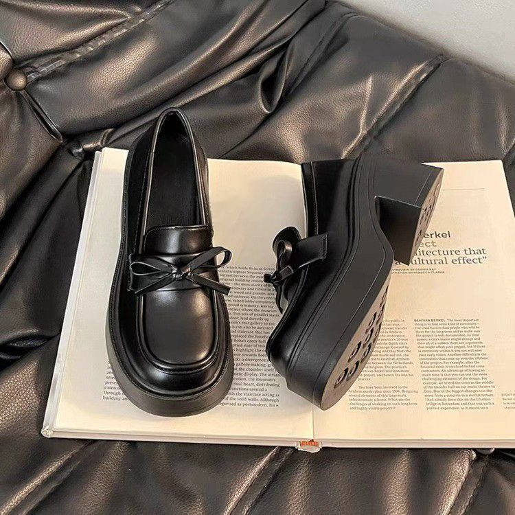 Retro Round Head Versatile Thick High-heeled Small Leather Shoes for Women's 2025 Spring New Japanese Skirt Bow Loafers