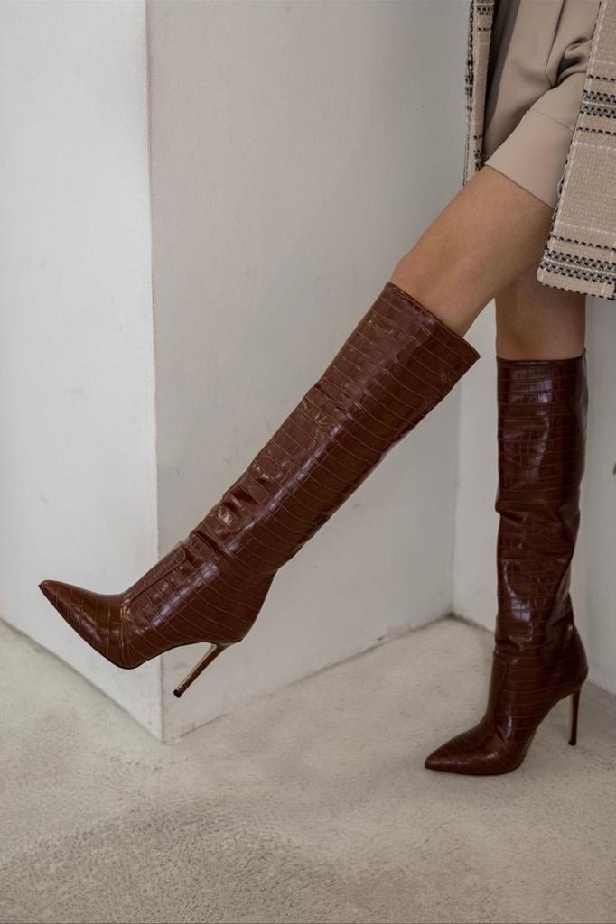 Moderne, stilvolle Damen-Modestiefel, Kunstleder-Krokodilstiefel mit dünnem Absatz