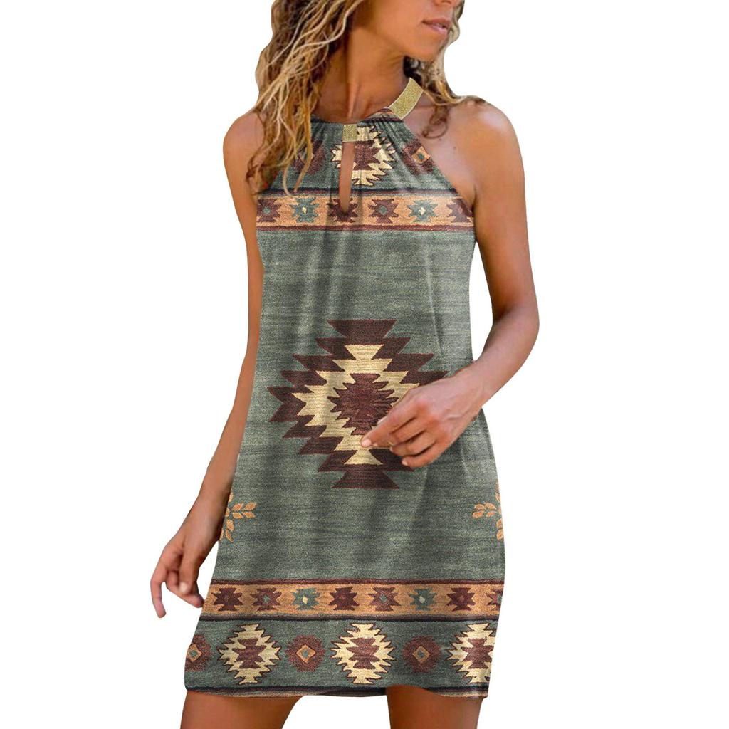Women's Fashion Summer Printed Strapless Hanging Neck Sleeveless Dress