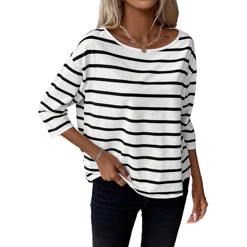 Womens Striped Casual Autumn Round Neck T Shirt S