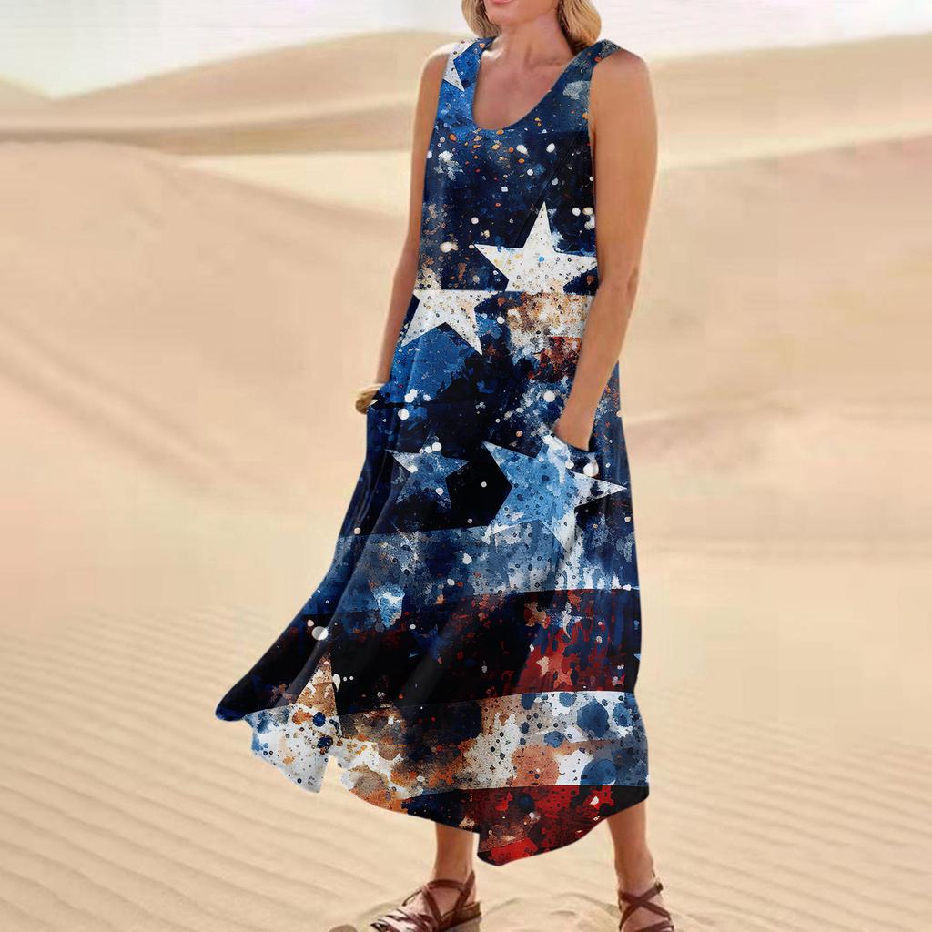Women's Fashion Casual Independence Day Print Sleeveless Cotton Linen Pocket Dress