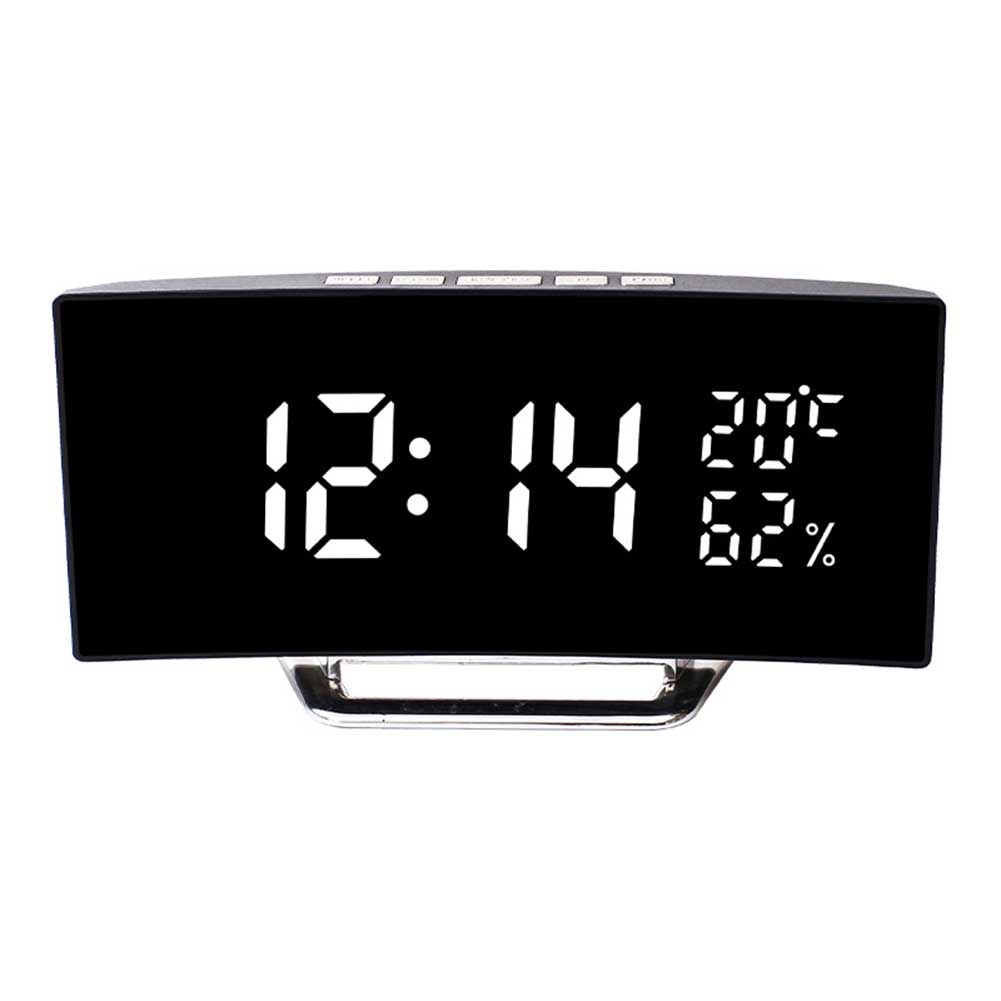 Compact LED alarm clock with digital time temperature and humidity display and adjustable brightness for night