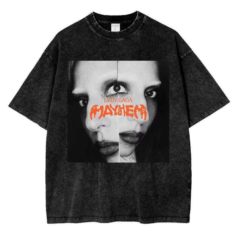 Vintage Washed Lady Gaga The Mayhem Ball Tour 2025 T Shirt Fashion Women Aesthetic High Quality Acid Wash 100% Cotton Tees