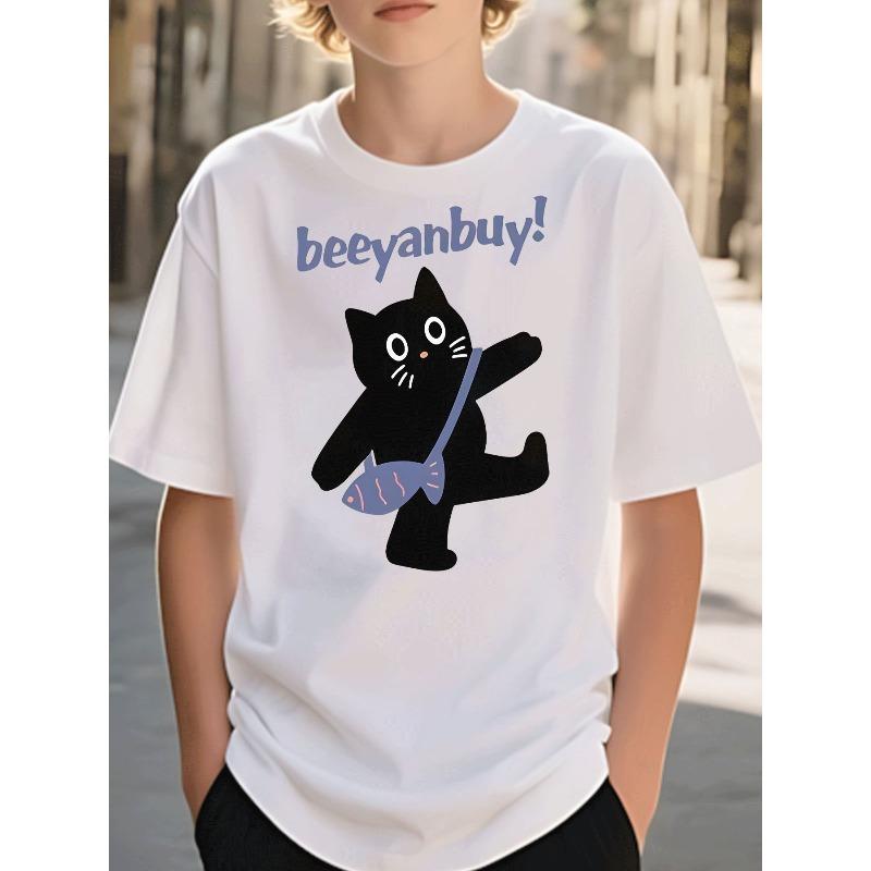 Boys Black Crewneck Tee, Trendy Cartoon Black Cat & Blue Fish  Beeyanbuy!  Print Street Style Casual Kids Top 110