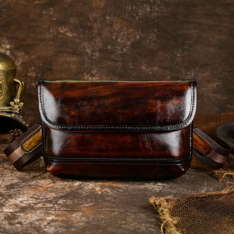 Sac à Bandoulière en Cuir Véritable pour Homme, Rétro Fait Main Poli Couche Supérieure Cuir de Vachette, Petit Sac Bandoulière Européen et Américain, Sac de Trajet